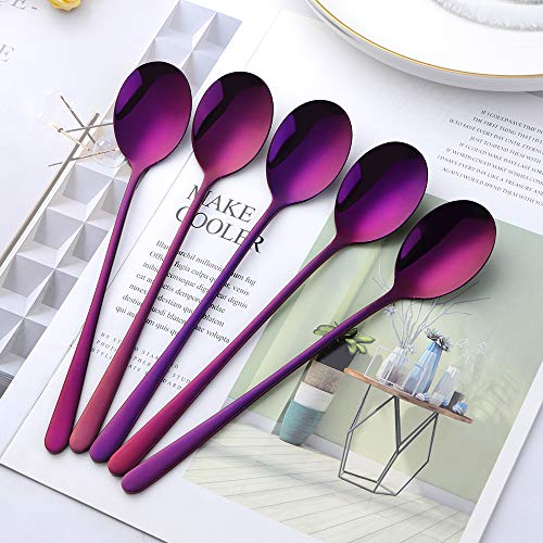 Buyer Star 5-pieces Purple Dinner Table Spoons 8-Inch Stainless Steel Metal Korean Soup Spoons - color: Purple