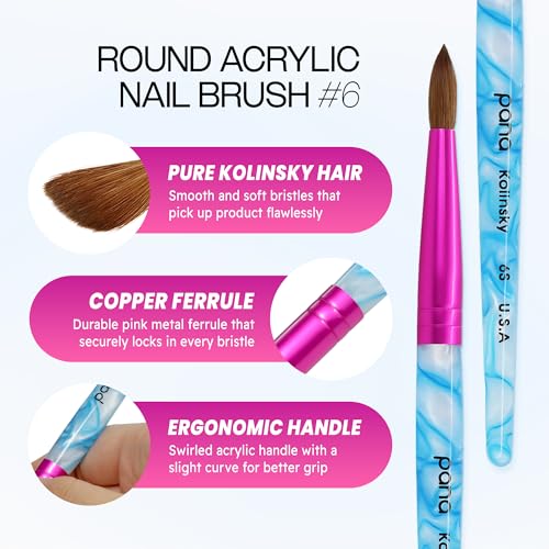 PANA Pure Kolinsky Hair Acrylic Nail Brush - Round Shape Pink Ferrule with White Swirl Blue Handle (Size 6) - Nail Brush for Acrylic Nail Application, Nail Extension, Manicure Pedicure Salon Beginner - color: White Swirl Blue, size: Size 6
