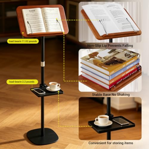 Adjustable Wood Music Stand, 2 in 1 Floor Book & Cookbook Stand with Tray