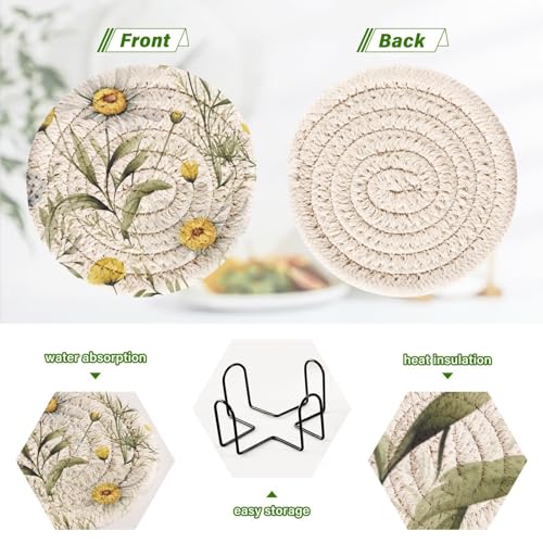 Wildflower Daisy Drink Coasters Set - 6 Pcs Minimalist Woven Coasters with Holder for Home Decor, 3.94 Inch Absorbent Coasters for Drinks - color: A02