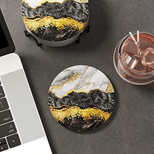 Coasters for Drinks, Set of 6 Cute Absorbent Ceramic Drink Coasters - color: White Black Gold Marble