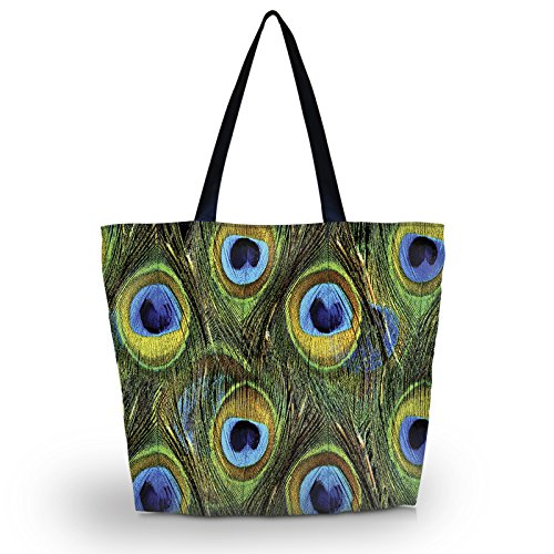 Beach Tote Bags Travel Shopping Bag With Zippered for Women - color: Peacock Feathers