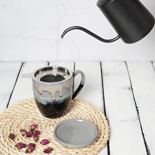 Bosmarlin Ceramic Tea Cup with Infuser and Lid, 16 Oz, 4 Color to Choose Dishwasher and Microwave Safe, Steeping Tea Mug with Strainer (Grey) - color: Gray