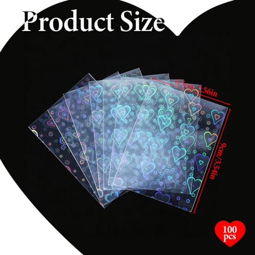 100PCS Laser Flashing Card Sleeves, Love Heart Laser Flashing Holographic Card Sleeves, Photocard Sleeve with Holographic Foil Cover, Laser-Flashing Trading Card-Protector for Photo Cards (65x90mm)