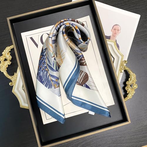 100% Pure Mulberry Silk Scarf 21" Women Square Scarf Neckerchief Headscarf - color: Gray and Blue Leaves