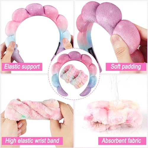 Zkptops Spa Headband for Washing Face Wristband Set Sponge Makeup Skincare Velvet Fabric Bubble Soft Get Ready Hairbands for Women Puffy Headwear Non Slip Thick Thin Hair Accessory(Star) - color: ZYH Star