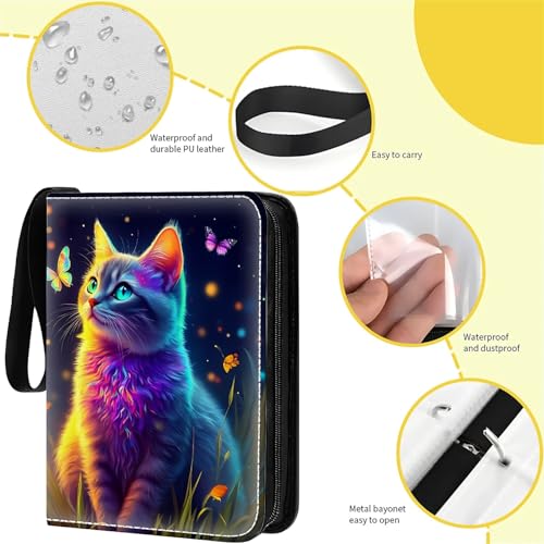Card Binder 400 Pockets, 50 Sleeves Large Binder Trading Cards Holder 4 Pocket, Storage Organizer, Album Folder Case Protector Collector Gift Colorful Cute Cat Butterfly - color: Colorful Cute Cat Butterfly, size: 4 Pocket