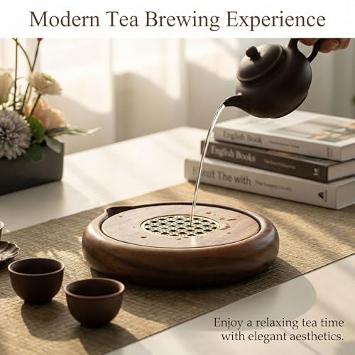 Walnut Wood Tea Tray with Brass Grid Lid - Round Serving Tray for Gongfu Tea, Elegant Tea Service Board for Home & Office