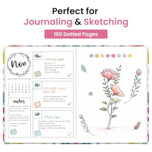 Taja Pretty Dotted Journal for Women, Aesthetic Hardcover Leather Journal - color: K-Bloom Floral, style: B-Dotted
