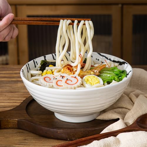 YUN TAO Pho Bowls Set of 2, 40 Oz Large Soup Bowls, White Ceramic Ramen Bowls with Chopsticks and Spoons, Deep Asian Noodle Bowls for Home Use