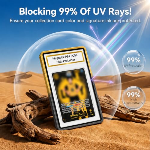 Magnetic PSA/CGC Slab Protector with Foldable Kickstand - UV Protection Tempered Glass & Aluminum Metal Bumper for 35PT PSA CGC CSG AGS, 9-Point Secure Lock Display Guard & Clear View (Black/Gold) - color: Black/Gold, size: PSA Card Case
