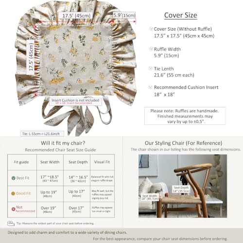 Korean Made Chair Pad Slipcover, 1 Cover, 17.5"x17.5" Chair Cushion Cover Ties with Ruffle Farmhouse Decor Covers Only, Gift for Mom (Beige Floral) Stocking Stuffer - color: Beige Flower