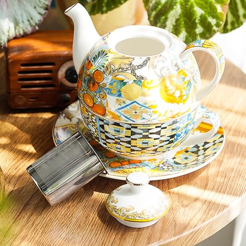 KAMMAK Tea for One Set, Ceramic Teapot, Bone China Tea Set, Cup and Saucer - color: Yellow-XY16