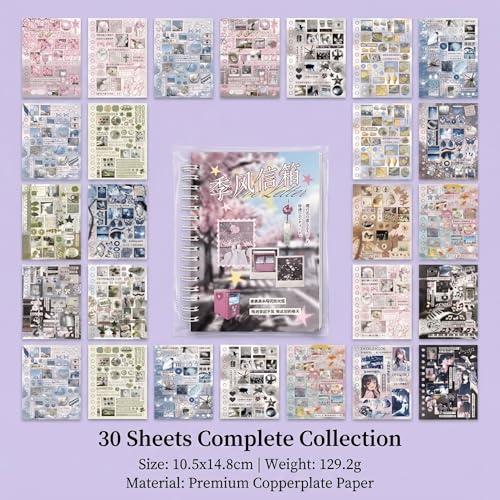 Japanese Sticker Book for Journaling and Scrapbooking, 30 Sheets Kawaii Y2K Aesthetic Paper Stickers for Junk Journal Supplies, Planner Decor, Collage, Vision Board and DIY Crafts, Monsoon Mailbox - color: Monsoon