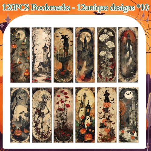 Vintage Halloween Bookmarks Gifts - 120 Pcs Retro Pumpkin Ghost Bookmark Paper Witch Black Cat Skull Bat Page Book Marks Spooky Favors for Women Men Office Book Lovers Holiday Party Supplies - color: Vintage Halloween