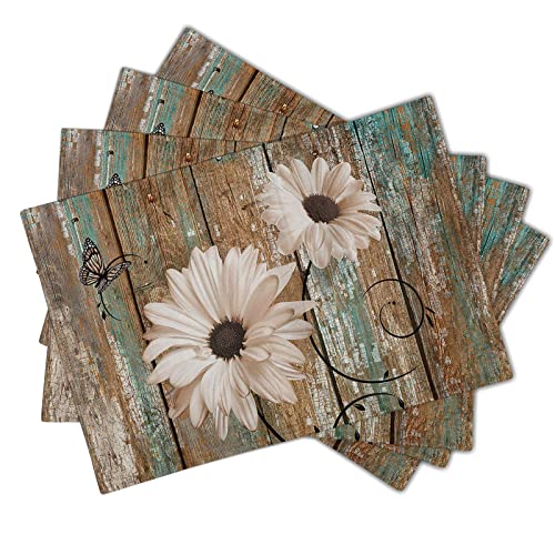 Giwawa Rustic Daisy Board Placemats- White Sunflowers on Vintage Wood Plank Linen Table Place Mat- Farmhouse Wooden Non-Slip Heat Resistant Table Mats for Dining Kitchen Cabin Lodge Decor - color: Daisy Board