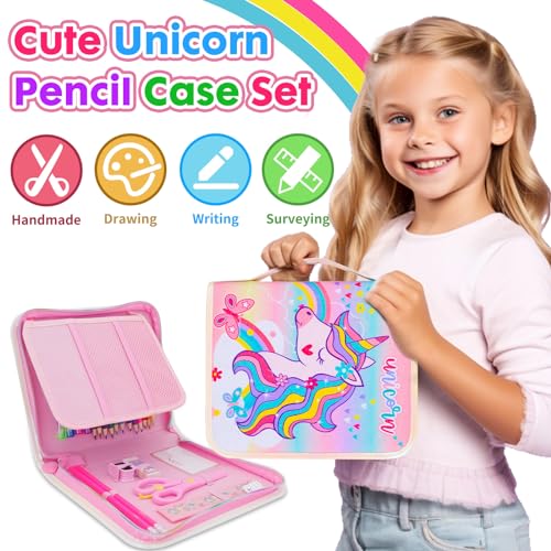Washable Markers Set with Glitter Pencil Case, Art Supplies for Kids Ages 4-6-8, Arts Crafts Travel Coloring Kit for Girls 4 5 6 7 8 Year Old Birthday Gifts - color: Unicorn
