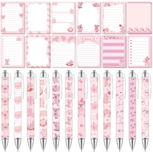 Dispowreath 24 Pcs Piggy Sticky Notes with Pens Pink Pig Themed Christmas Gifts Self Adhesive Notepad Cute Memo Notes Pads Black Ink Ballpoint Pen for Pig Lover Gifts Office School Students Teacher - style: Pig