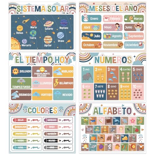 Spanish Educational Placemats Set of 6 Kid Plastic Table Mat 17×13×0.04in - style: Spanish Educational Preschool