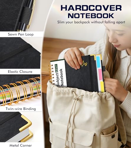 Hardcover Spiral Notebook Journal 8.5" x 11" Leather 5 Subject Notebook with Removable Dividers Tabs, 300 Pages Organizer Notebooks for Work School, College Ruled, Large Lined Journal for Women,Black - color: Black, size: A4