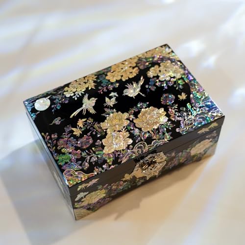 February Mountain Mother of Pearl Large Jewelry Organizer Box with Mirror – Luxury Gift for Women, Anniversary, Mother’s Day, Valentine’s Day, Christmas & Birthday Present (Black-Birds) - color: Black-Birds