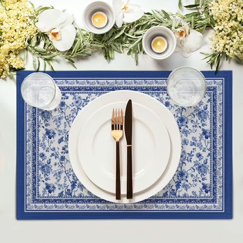 Blue Floral Branches Placemats Set of 4 ，12 x 18 Inch Chinoiserie Table Mats Washable Heat Resistant Linen Fabric Rectangle Place Mat for Indoor Outdoor Kitchen Dining Home Decor - color: Blue Floral