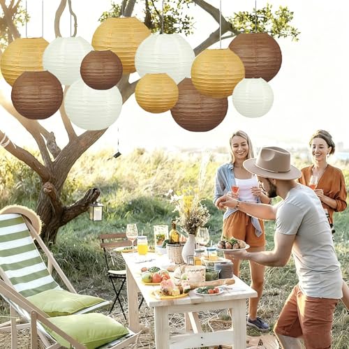 Brown Boho Paper Lanterns Decorative 12pcs Caramel Party Hanging Decorations Rustic Party Wedding Natural Baby Shower Boho Brown Birthday Party Home Decor - color: brown,white,tan