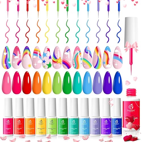 Beetles Rainbow Gel Liner Nail Art Set, 12 Neon Colors with Brush - color: Rainbow