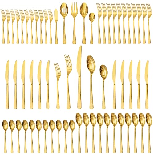 65 Piece Gold Silverware Set with Serving Utensils, 18/10 Stainless Steel - color: Gold, size: 65-Piece