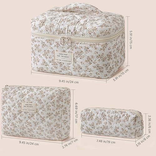 HBselect Quilted Makeup Bag, 3Pcs Cotton Large Travel Makeup Bags Organizer - color: A-3PCS-Floral 23