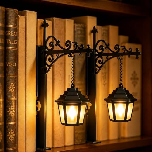 2PCS Library Lantern Decorative Bookshelf Lighting, Mini Bookshelf Lamp Between Books for Hidden Display Portable Table Desk Luminaire for Bookworms, Home Library, Study and Reading Corner - color: Classic Lantern