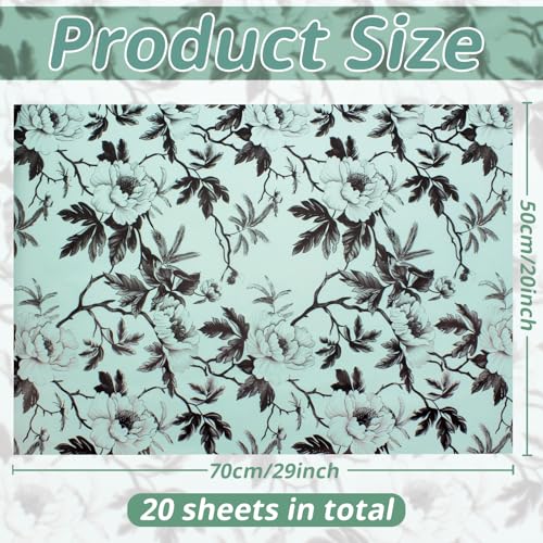 Benvo Floral Tissue Paper 20x29 Inch - 20 Sheets Decoupage Craft Paper for Gift Wrapping, Flower DIY Art Projects, Spring Wedding, Birthday & Baby Shower Decorations(Style L) - color: Mint Peony