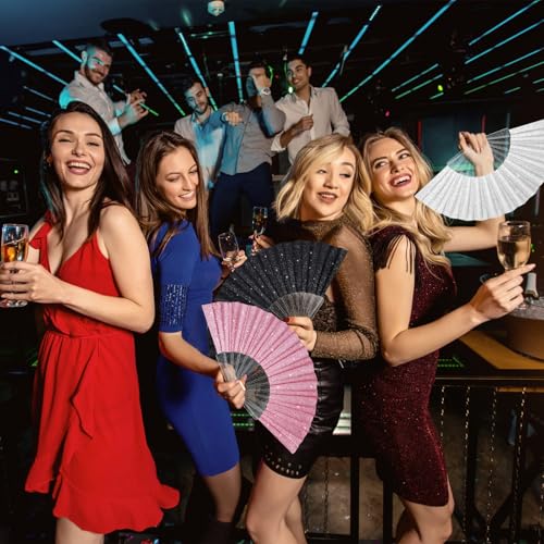 EOSAU 6 Pack Glitter Folding Hand Fans Foldable, Clacking Fans for Women - color: 9" 6 Mixed Colors