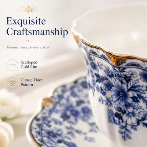 Noviko Blue and White Floral Teacup and Saucer Set with Spoon, 6 oz - color: Blue