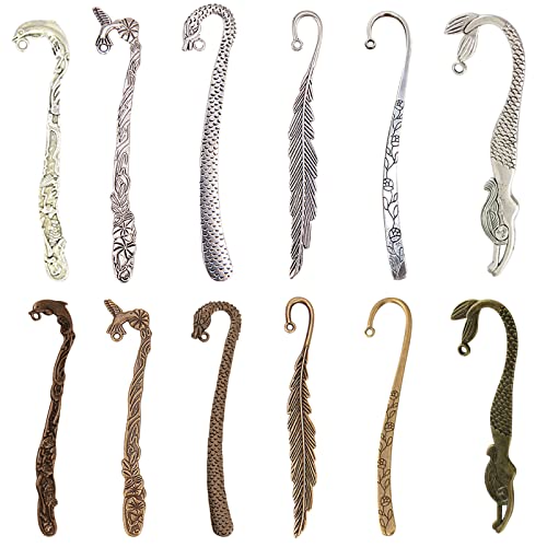 SUNNYCLUE 12pcs Mixed Metal Bookmark Hairpin Stripe Hook Carved Antique Silver Bronze Vintage Jewelry Making Charms for Crafting Teacher's Day Back to School Christmas Craft Gift Bookmarks Book Mark - color: 12pcs Antique Silver Bronze Hook Bookmarks
