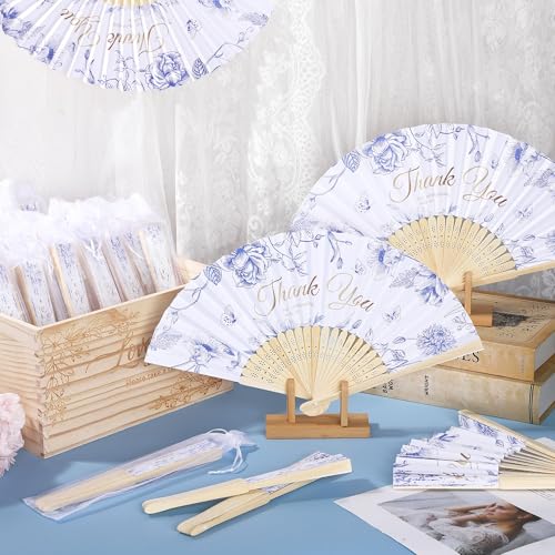 Aneco 100 Pieces Wedding Foldable Hand Fans Floral Handheld Paper Fans with Organza Bags and Storage Basket Folding Fans for Wedding Guests Bridal Shower Bridesmaid Gifts - color: Blue Floral