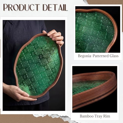 Glass Serving Tray with the Crabapple Pattern and Walnut Rectangular Serving Platter, Vintage Floral Edge Decorative Countertop Organizer for Vanity, Coffee Table, Jewelry Display(Green) - color: Green