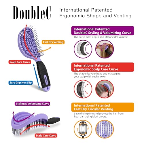 NuWay DoubleC Detangling Hair Brush – The Original Home Scalp-Care Brush – Patented Double Curved Scalp Care Hairbrush for Gentle Detangling, Volume Styling & Wet or Dry Hair (Violet) - color: Violet
