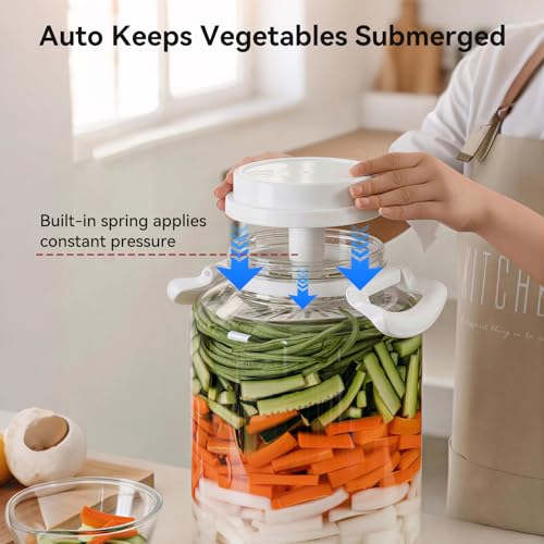 1.3 Gallon Plastic Fermentation Jars - Kimchi Fermenting Container with Auto Weight Press Plate & One Way Exhaust Valve, Wide Mouth Sauerkraut Fermenter Making Set for Pickling Canning Sauce