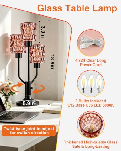 Lightdot Mid Century Modern Table Lamp Red Glass Dimmable 3 Bulbs Included - color: 14-Black-Pink-Cylinder