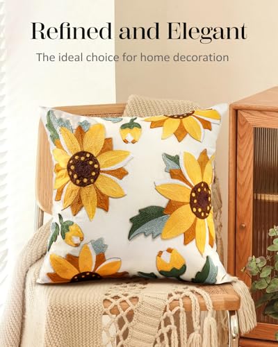 Embroidered Throw Pillow Cover, 18x18 Inch, Sunflower - color: Sunflower, size: 18" x 18" (Pack of 1)