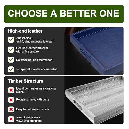 25x18 inches Leather Ottoman Serving Tray with Hole Handles, Rectangle Large Modern Service Tray for Living Room, Coffee Table, Bed, Tea, Food, Butler Countertop, Kitchen, Dinner, Picnic (Blue) - color: Blue, size: 25" x 18" x 2"