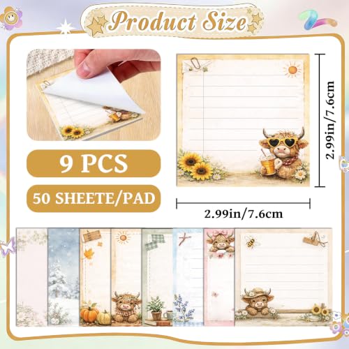Highland Cow Gift Sticky Notes - 9 PCS Different Season to Do List Memo Cute Animal Post It Notes Aesthetic Flower Notepads School Office Stationery Supplies for Women Cow Lover 3x3 Inches - style: Highland Cow