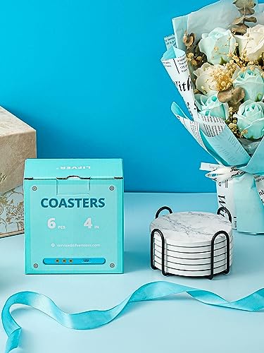 LIFVER Coasters for Drinks, White Marble-Style Absorbent Coasters with Holder, Housewarming Gifts for Home Decor, Suitable for Kinds of Cups, 4 Inches, Set of 6 - color: Ivory Marble, size: 6 Pack