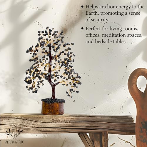 ZENFULSTONE Black Tourmaline Crystal Tree for Protection & Grounding from Negative Energy as Home & Office Decore | Handmade Bonsai for Protection | Perfect Cleansing Energy Gift for Mom & Dad - color: Black Tourmaline Golden Wire