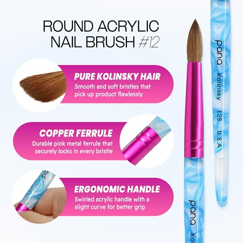 PANA USA Acrylic Nail Brush Pure Kolinsky Hair Acrylic White Swirl Blue Handle with Pink Ferrule Round Shaped - Size 12 - color: White Swirl Blue, size: Size 12