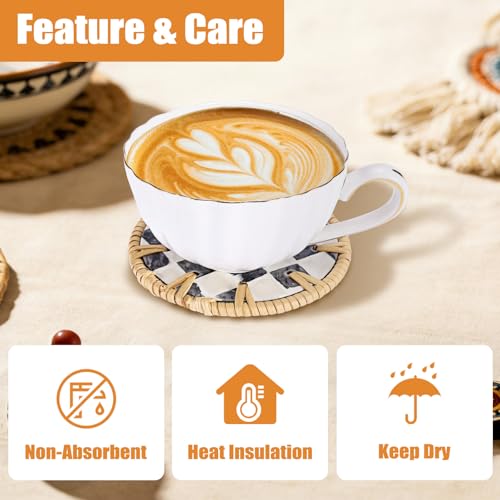 Boho Coastal Coasters Set of 6, Handwoven Rattan Coasters with Holder - style: Checkered Pattern