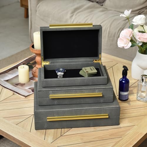 DECOR4SEASON Faux Shagreen Decorative Stackable Storage Boxes – Set of 3 - color: Grey, size: L
