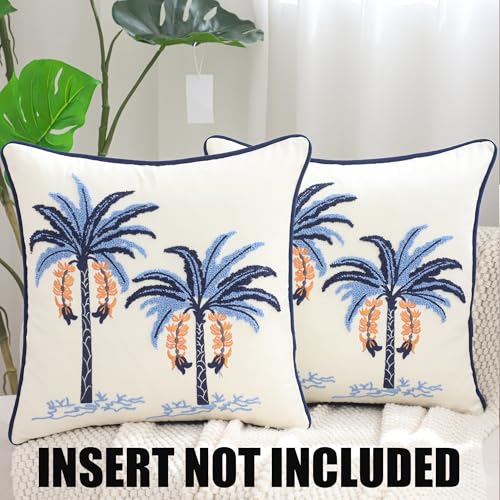 Embroidered Throw Pillow Covers 18x18 Pack of 2 Blue Palm Tree - color: Blue Palm Tree