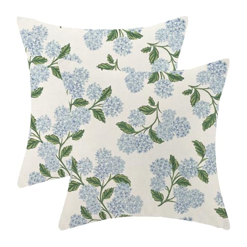 Spring Pillow Covers 18x18 Pack of 2 Green Blue Hydrangea Floral Throw Pillow Covers Outdoor Summer Seasonal Flower Decor Pillowcase Farmhouse Decorative Linen Cushion Case for Sofa Couch - color: Blue Hydrangea Floral, size: 18" x 18" (Pack of 2)